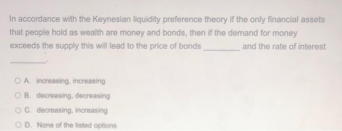 In Accordance With The Keynesian Liquidity Preference Theory If The Only Financial Assets That People Hold As Wealth Are 1