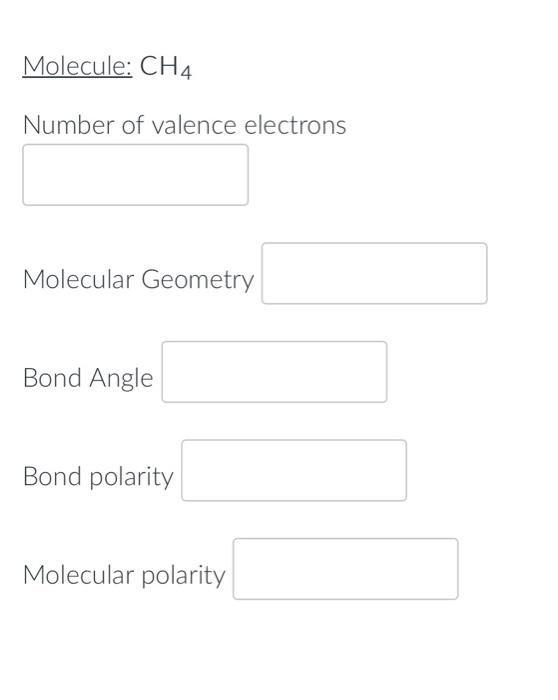 Molecule Ch4 Number Of Valence Electrons Molecular Geometry Bond Angle Bond Polarity Molecular Polarity Molecule Ch3 1