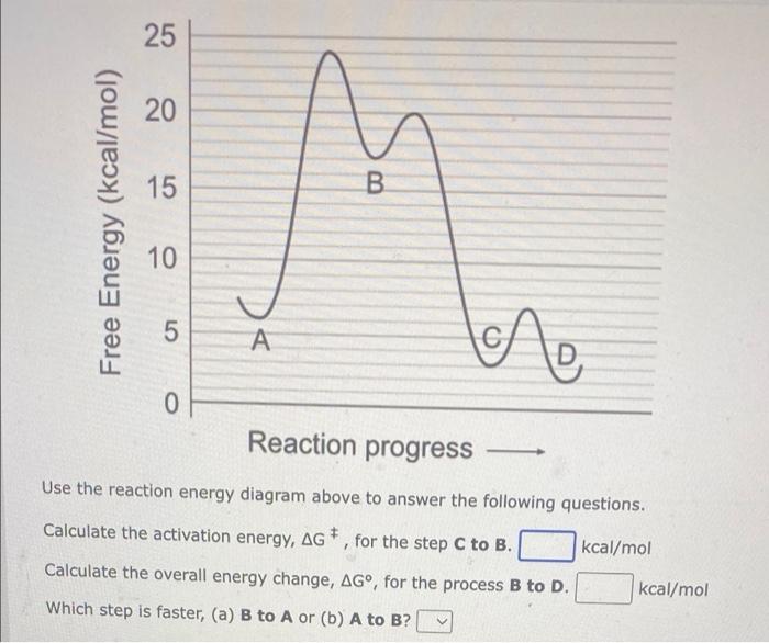 25 20 15 B Free Energy Kcal Mol 10 5 A C Ae 0 Reaction Progress Progress Use The Reaction Energy Diagram Above To An 1