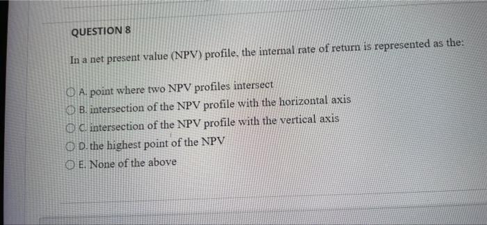 Question 8 In A Net Present Value Npv Profile The Internal Rate Of Return Is Represented As The O A Point Where Two 1