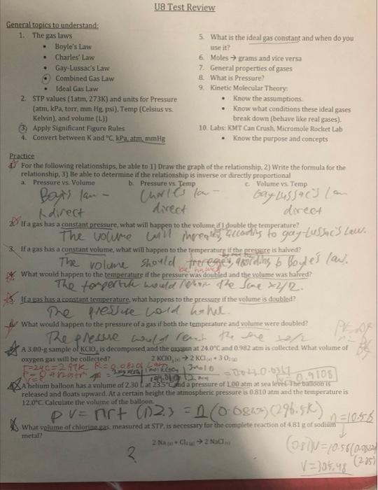 U8 Test Review General Topics To Understand 1 The Gas Laws 5 What Is The Ideal Gas Constant And When Do You Boyle 1