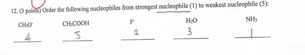 12 3 Points Order The Following Nucleophiles From Strongest Nucleophile 1 To Weakest Nucleophile 5 F Nh3 Ch 0 Ch 1