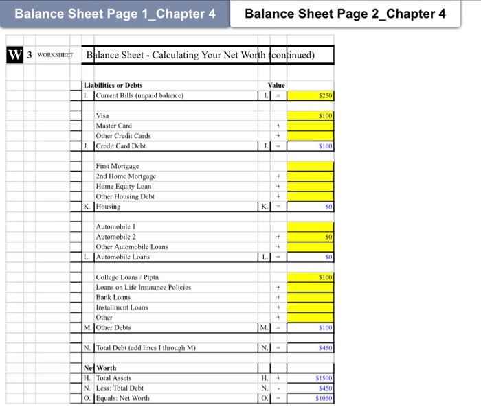 Balance Sheet Page 1 Chapter 4 Balance Sheet Page 2 Chapter 4 W 3 Worksheet Balance Sheet Calculating Your Net Worth 2