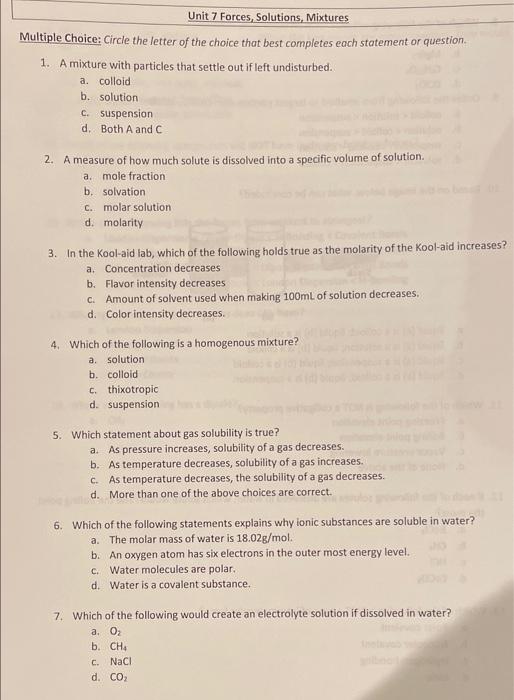 Unit 7 Forces Solutions Mixtures Multiple Choice Circle The Letter Of The Choice That Best Completes Each Statement O 1