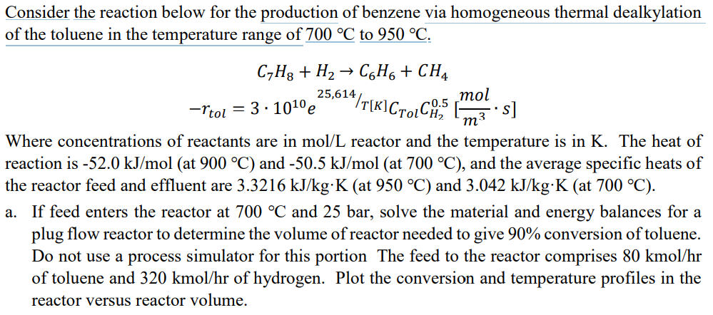 Consider The Reaction Below For The Production Of Benzene Via Homogeneous Thermal Dealkylation Of The Toluene In The Tem 1