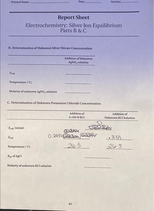 Printed Name Date Section Report Sheet Electrochemistry Silver Ion Equilibrium Parts B C B Determination Of Unknown Si 1