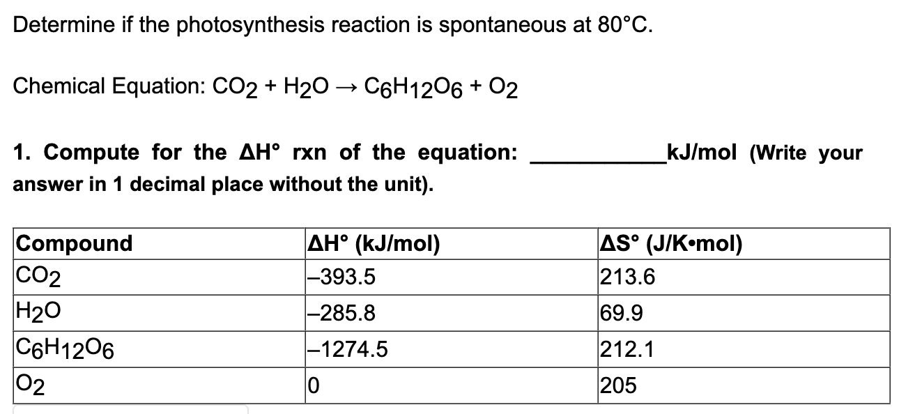 Determine If The Photosynthesis Reaction Is Spontaneous At 80 C Chemical Equation Co2 H2o C6h12o6 O2 Kj Mol Wri 1