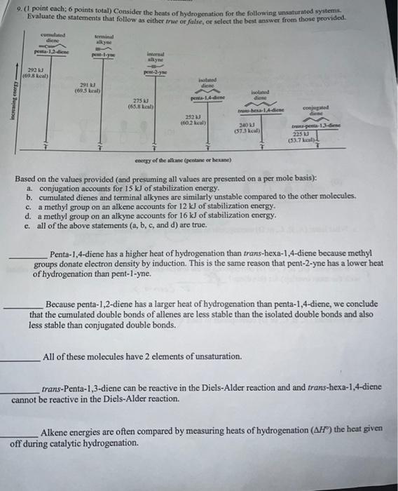 9 C Point Each 6 Points Total Consider The Heats Of Hydrogenation For The Following Unsaturated Systems Evaluate The 1