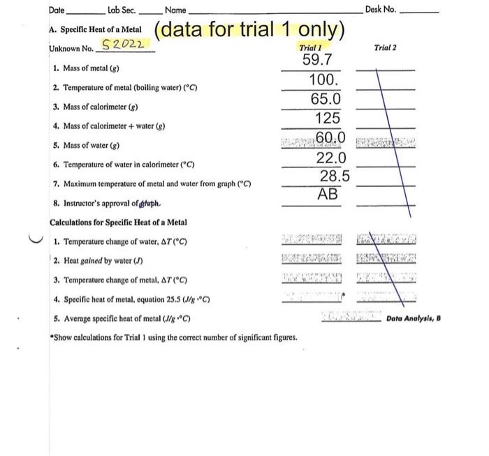 Date Lab Sec Name Desk No A Spelfle Heat Of A Metal Data Data For Trial 1 Only Unknown No S 2022 Trial 2 Trial 1 1