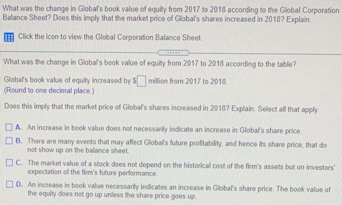 What Was The Change In Global S Book Value Of Equity From 2017 To 2018 According To The Global Corporation Balance Sheet 1