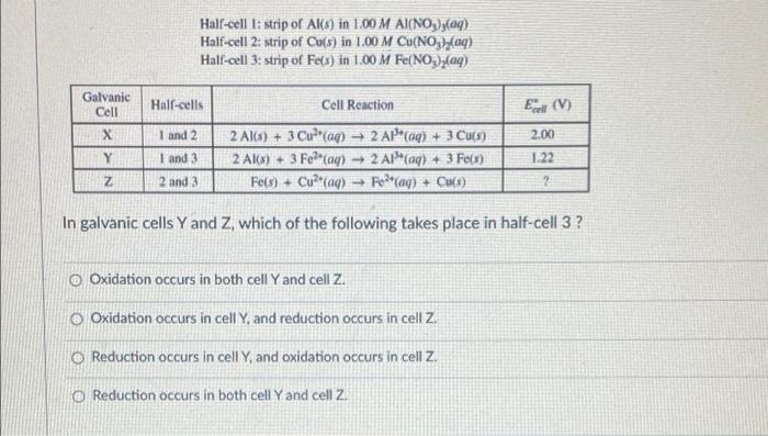 Half Cell 1 Strip Of Aks In 1 00 M Al No3 Y Aq Half Cell 2 Strip Of Co S In 1 00 M Cu No Hall Cell 3 Strip Of Fe S 1