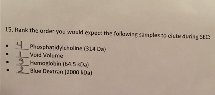 15 Rank The Order You Would Expect The Following Samples To Elute During Sec 4 Phosphatidylcholine 314 Da I Void Vol 1