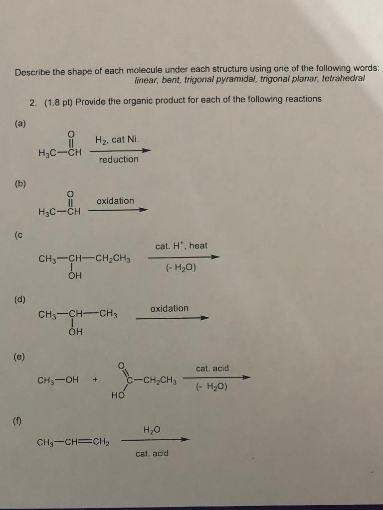 Describe The Shape Of Each Molecule Under Each Structure Using One Of The Following Words Linear Bent Trigonal Pyrami 1