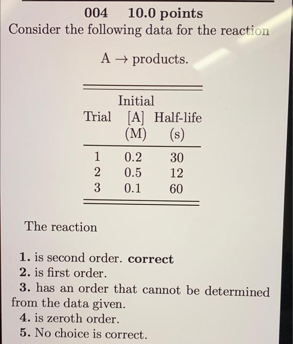 004 10 0 Points Consider The Following Data For The Reaction A Products Initial Trial A Half Life M S 1 2 3 0 2 1