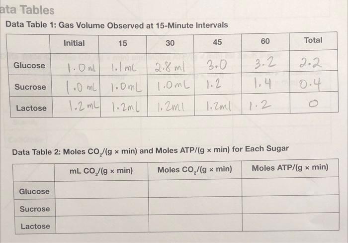 Ata Tables Data Table 1 Gas Volume Observed At 15 Minute Intervals Initial 15 30 45 60 Total Glucose 1 0ml Lol Ml 2 8ml 1