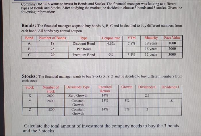 Company Omega Wants To Invest In Bonds And Stocks The Financial Manager Was Looking At Different Types Of Bonds And Sto 1