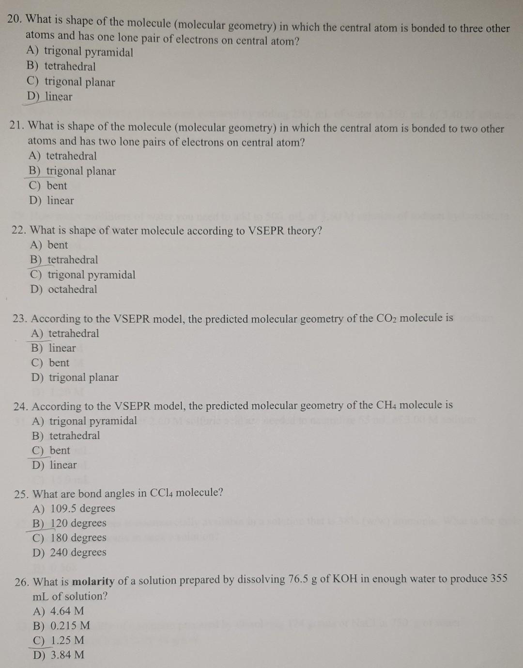 20 What Is Shape Of The Molecule Molecular Geometry In Which The Central Atom Is Bonded To Three Other Atoms And Has 1