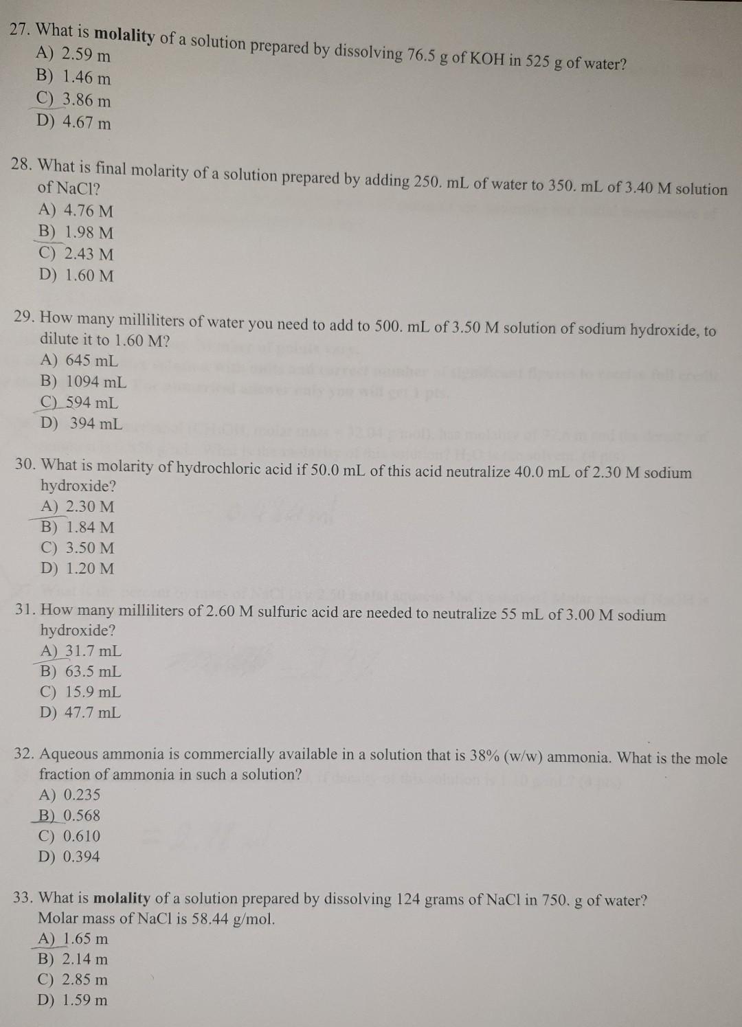27 What Is Molality Of A Solution Prepared By Dissolving 76 5 G Of Koh In 525 G Of Water A 2 59 M B 1 46 M C 3 86 M 1
