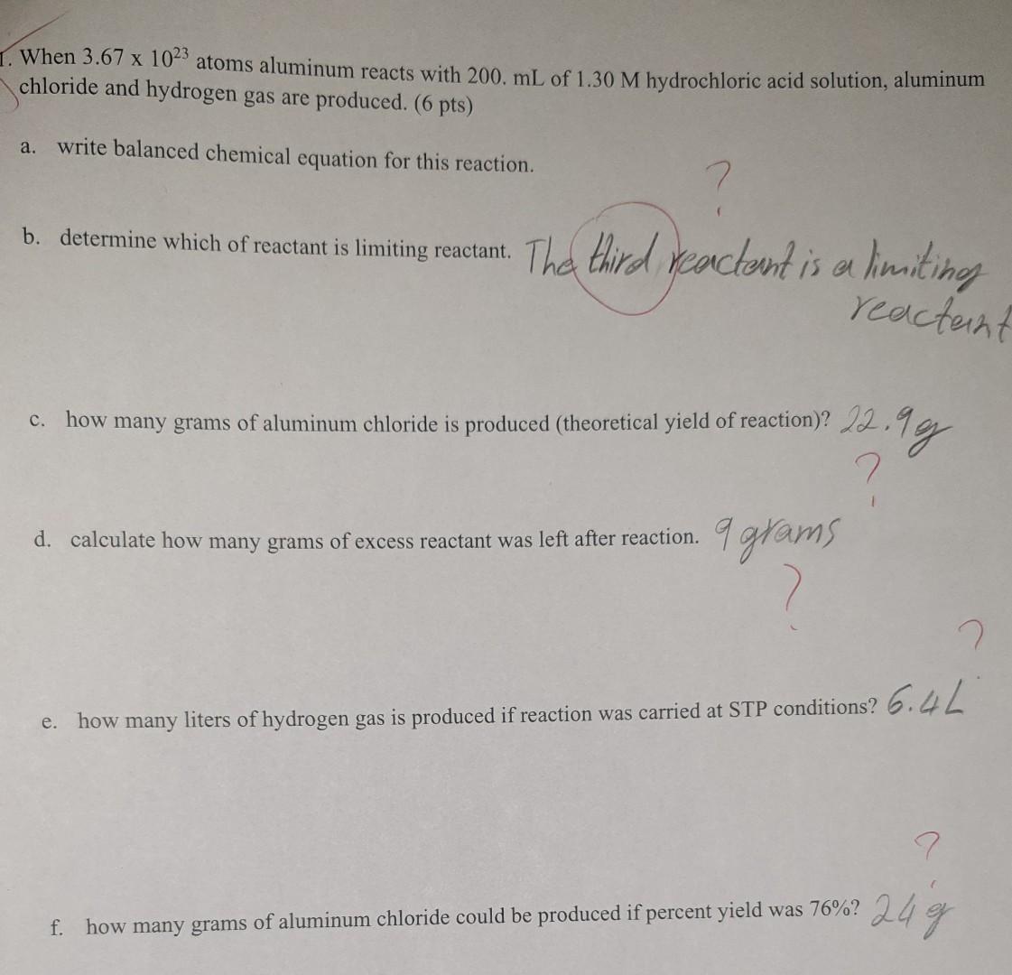 When 3 67 X 102 Atoms Aluminum Reacts With 200 Ml Of 1 30 M Hydrochloric Acid Solution Aluminum Chloride And Hydrogen 1