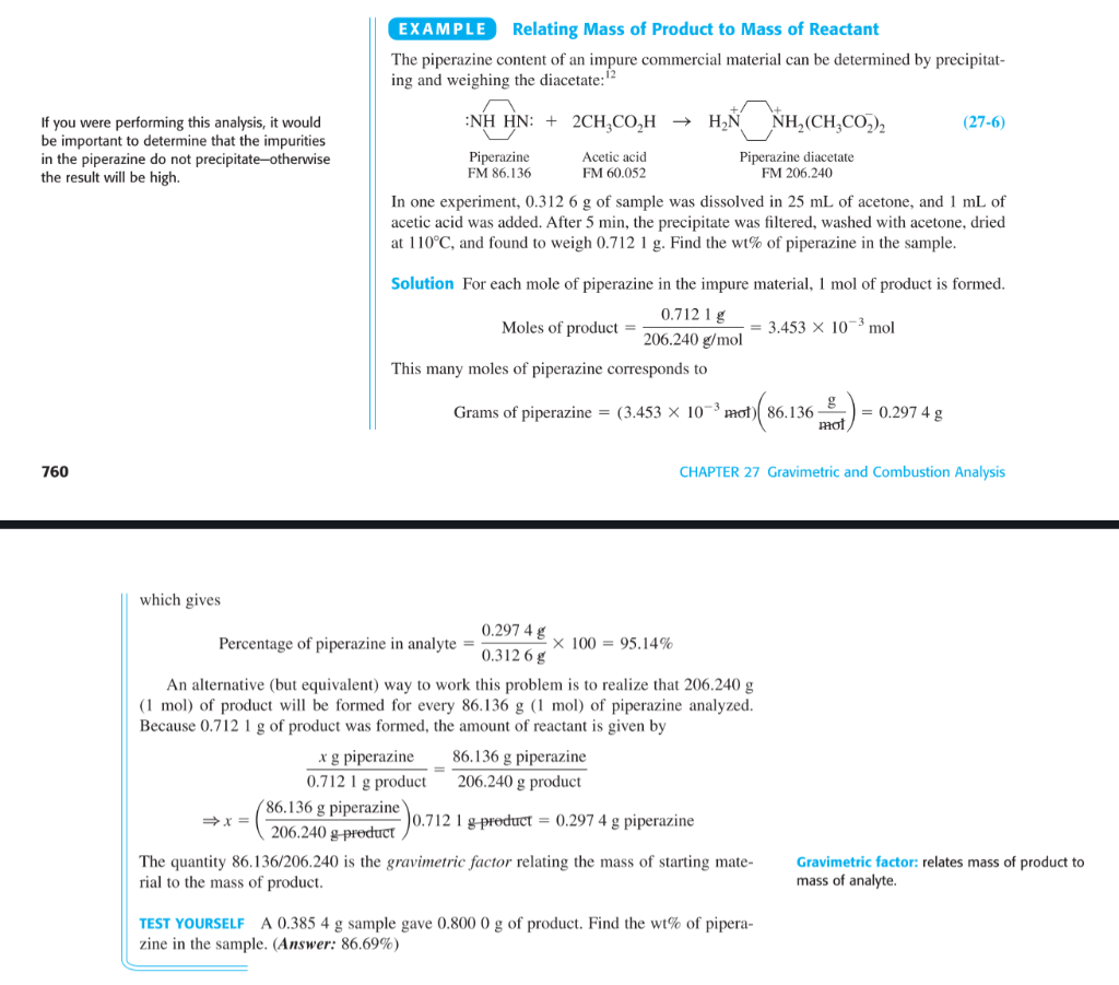 A 0 385 4 G Sample Gave 0 800 0 G Of Product Find The Wt Of Piperazine In The Sample Answer 86 69 1