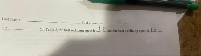 12 On Table J The Best Reducing Agent Is And The Best Oxidizing Agent Is 13 14 Draw The Electrochemical Cell Fe S Fe 4