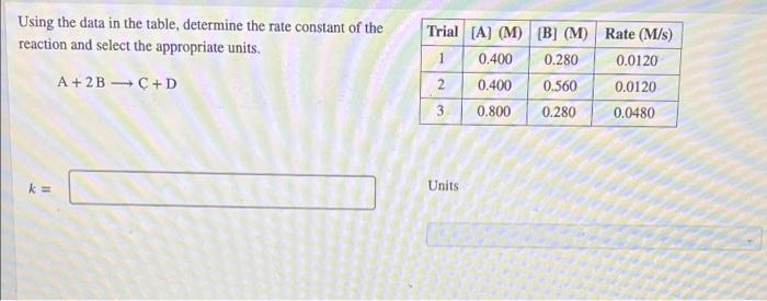 Using The Data In The Table Determine The Rate Constant Of The Reaction And Select The Appropriate Units A 2b C D Tri 1