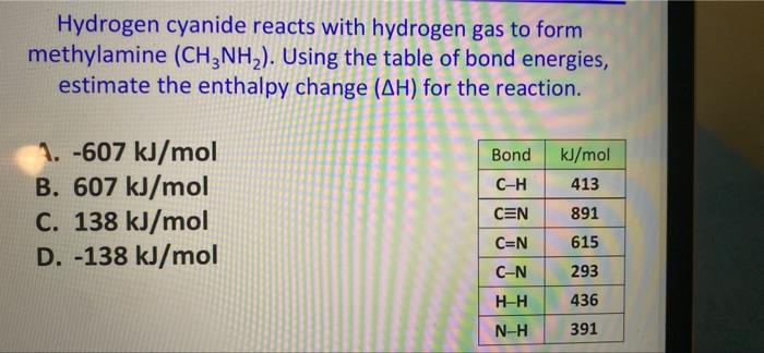 Hydrogen Cyanide Reacts With Hydrogen Gas To Form Methylamine Ch3nh2 Using The Table Of Bond Energies Estimate The E 1
