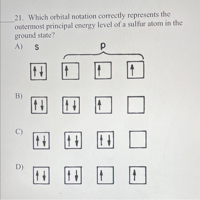 21 Which Orbital Notation Correctly Represents The Outermost Principal Energy Level Of A Sulfur Atom In The Ground Stat 1