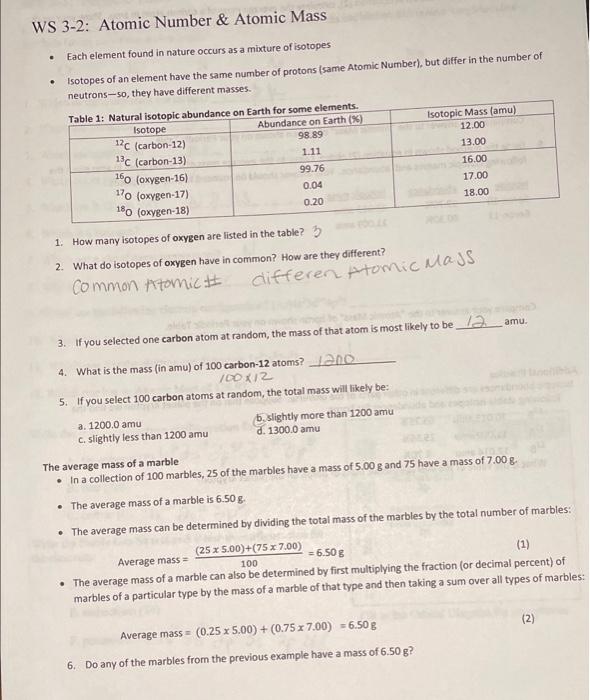 Ws 3 1 Isotopic Notation Fill In The Table All Atoms Are Neutral No Isotopic Notation Atomic Number E Electrons Mass 2