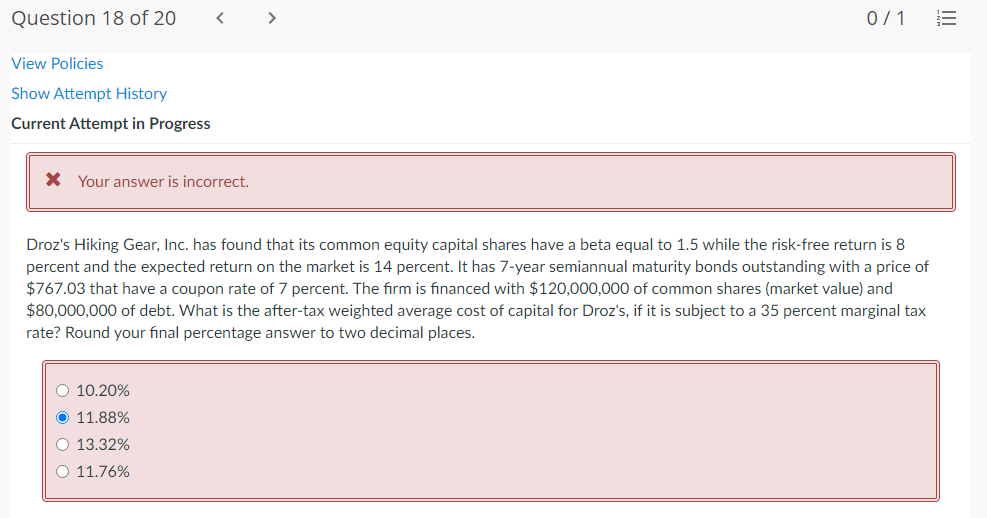 Question 18 Of 20 0 1 View Policies Show Attempt History Current Attempt In Progress X Your Answer Is Incorrect Droz S 1