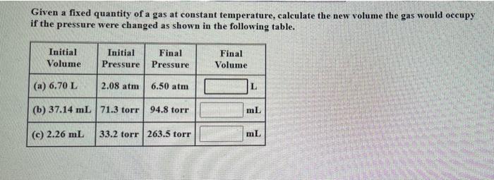 Given A Fixed Quantity Of A Gas At Constant Temperature Calculate The New Volume The Gas Would Occupy If The Pressure W 1