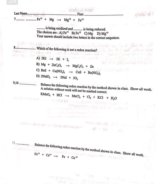214 Last Name Com First 7 Fe Mg Mg Fe Is Being Oxidized And Is Being Reduced The Choices 1