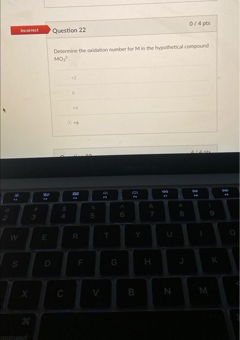 0 4 Pts Incorrect Question 22 Determine The Oxidation Number For Min The Hypothetical Compound Mo 0 4 6 Du Do So 1