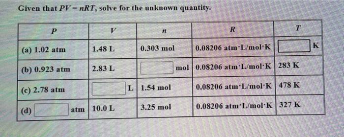 Given That Pv Nrt Solve For The Unknown Quantity V P T 11 R A 1 02 Atm K 1 48 L 0 303 Mol 0 08206 Atml Mol K B 0 1