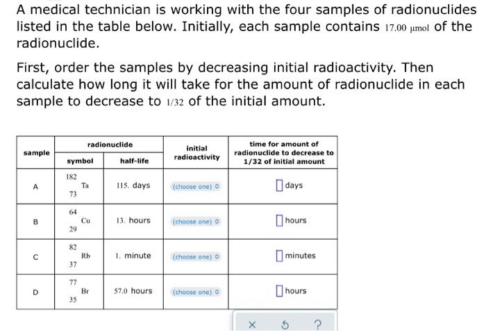 A Medical Technician Is Working With The Four Samples Of Radionuclides Listed In The Table Below Initially Each Sample 1