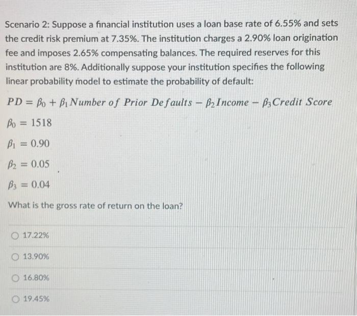 Scenario 2 Suppose A Financial Institution Uses A Loan Base Rate Of 6 55 And Sets The Credit Risk Premium At 7 35 Th 1