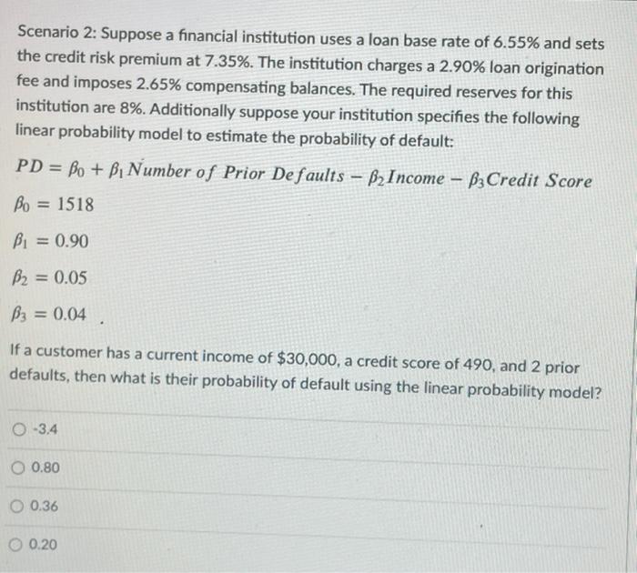 Scenario 2 Suppose A Financial Institution Uses A Loan Base Rate Of 6 55 And Sets The Credit Risk Premium At 7 35 Th 2