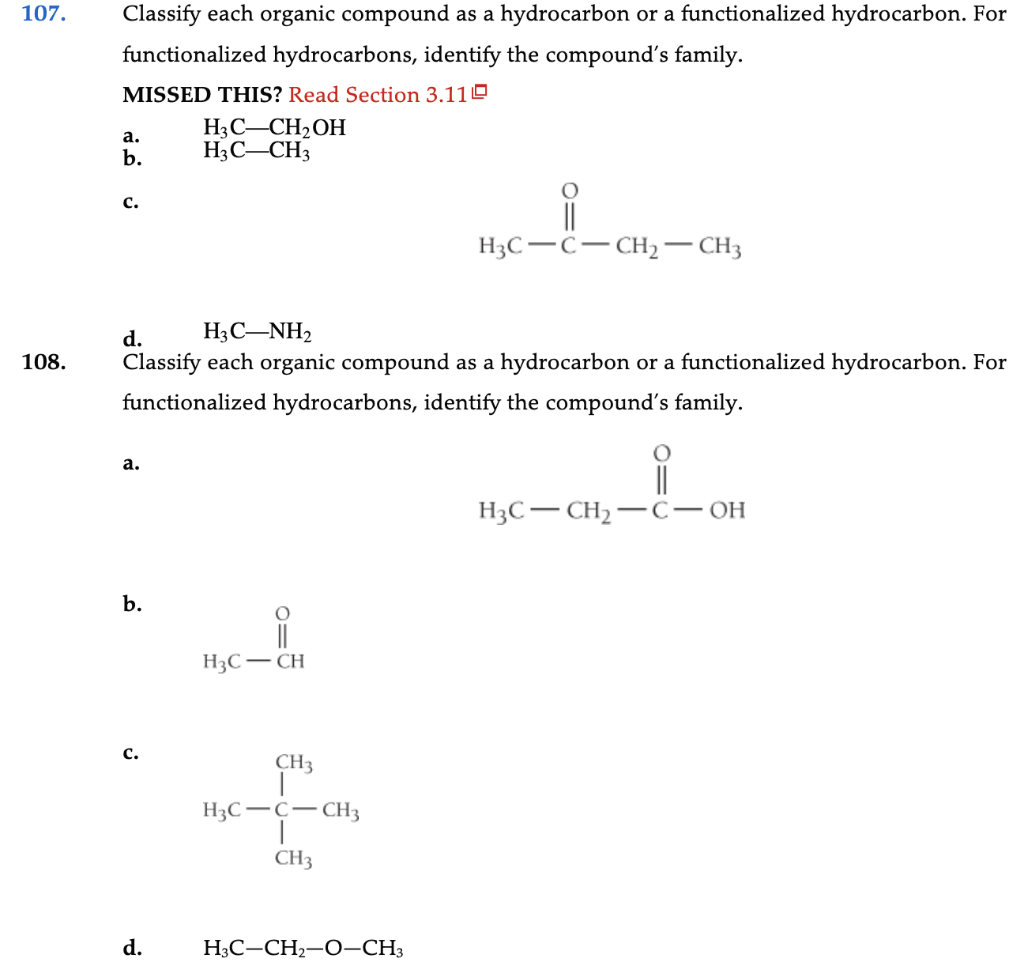 107 Classify Each Organic Compound As A Hydrocarbon Or A Functionalized Hydrocarbon For Functionalized Hydrocarbons I 1