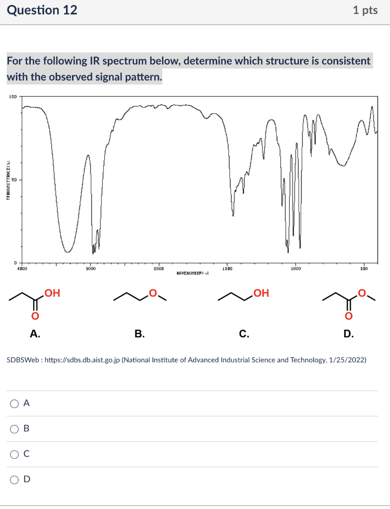 Question 12 1 Pts For The Following Ir Spectrum Below Determine Which Structure Is Consistent With The Observed Signal 1