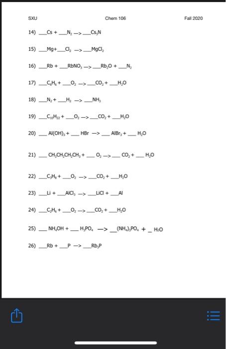 1 08 Done Balancing Chemical Equ Q Sxu Chem 106 Fall 2020 Balancing Equations Worksheet 1 H Po Koh K Po 2