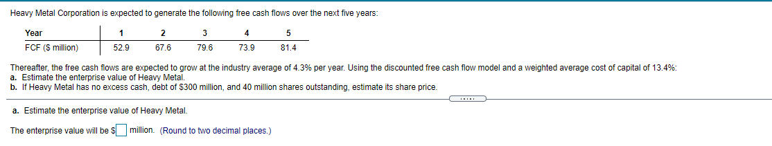 Heavy Metal Corporation Is Expected To Generate The Following Free Cash Flows Over The Next Five Years 1 2 3 4 5 Year F 1