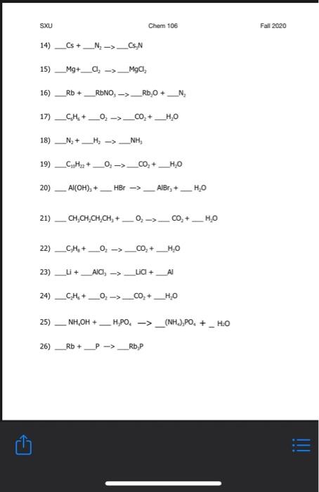 Sxu Chem 106 Fall 2020 14 Cs N Cs N 15 Mg A Mga 16 Rb Rbno Rb 0 N 17 Ch 0 C0 H 0 18 1