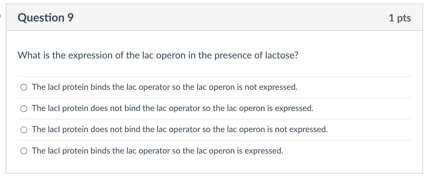Question 9 1 Pts What Is The Expression Of The Lac Operon In The Presence Of Lactose The Lacl Protein Binds The Lac Ope 1