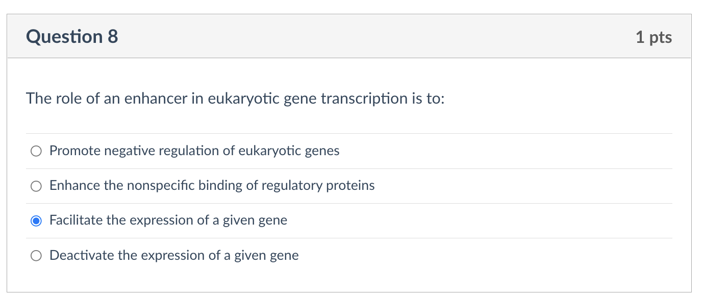 Question 8 1 Pts The Role Of An Enhancer In Eukaryotic Gene Transcription Is To Promote Negative Regulation Of Eukaryot 1
