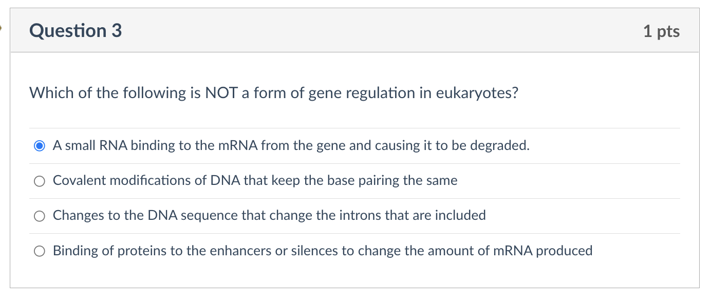 Question 3 1 Pts Which Of The Following Is Not A Form Of Gene Regulation In Eukaryotes O A Small Rna Binding To The Mrn 1