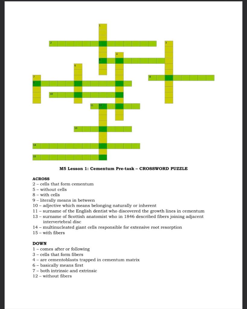 M5 Lesson 1 Cementum Pre Task Crossword Puzzle Across 2 Cells That Form Cementum 5 Without Cells 8 With Cells 9 1