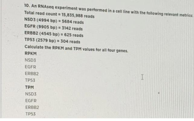 10 An Rnaseq Experiment Was Performed In A Cell Line With The Following Relevant Metrics Total Read Count 15 835 988 1