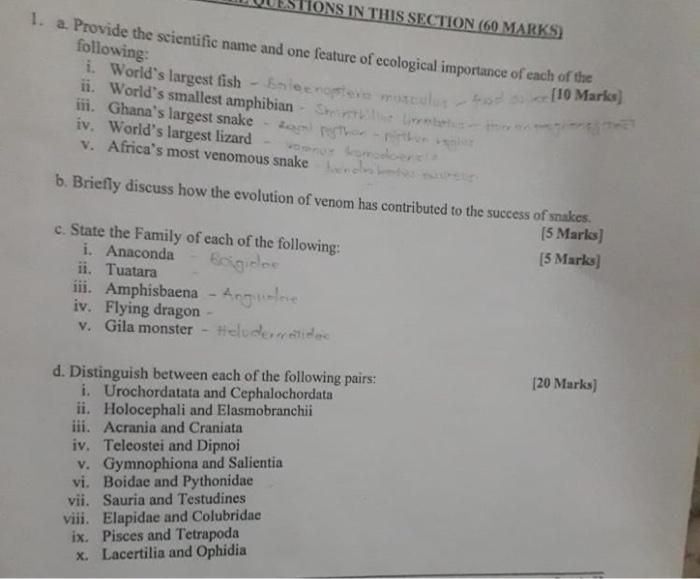 Ions In This Section 60 Marks 1 A Provide The Scientific Name And One Feature Of Ecological Importance Of Each Of The 1