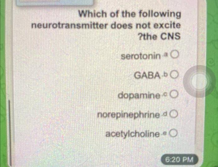 Which Of The Following Neurotransmitter Does Not Excite The Cns Serotonin Gaba Do Dopamine O Norepinephrine De Acetylch 1