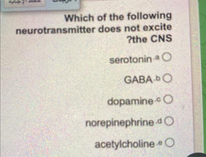 Which Of The Following Neurotransmitter Does Not Excite The Cns Serotonin Gaba Do Dopamine O Norepinephrine De Acetylch 2